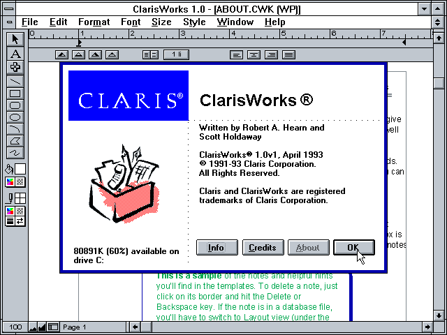 Claris Works 1.0 for Windows - About